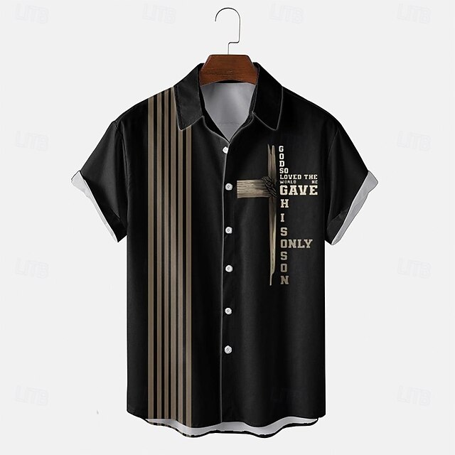 Men's Text / Number Cross Bowling Shirt Button Up Shirt Short Sleeve Casual Gift Casual Spring Fall Turndown Button Up Black4