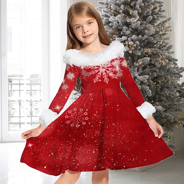  Barn Jente Julekjole Kjole Snowflake kjole Snøfnugg Langermet Julegaver Avslappet Pelskanter Crewneck Elegant Bedårende Polyester Ovenfor knéet Uformell kjole Swingkjole Kjole med A-linje Høst Vinter