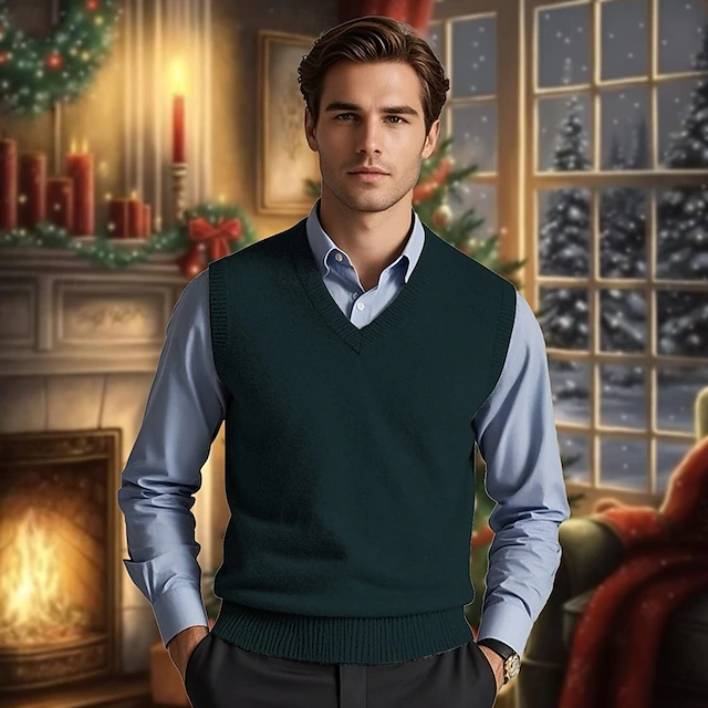 Men's Sweater Vest Pullover Sweater Jumper Dress Sweater Vest Knit Sweater Ribbed Knit Regular Knitted Plain V Neck Fashion Casual Daily Wear Date Clothing Apparel Fall & Winter Black Dark Navy S M L 10