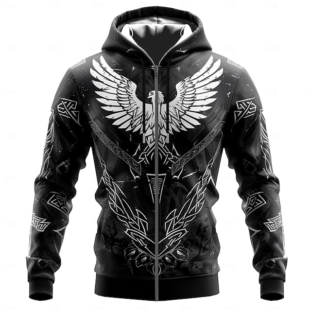  Pánské Viking Kapucky Kapuce Mikina s kapucí Kapuce Módní 3D tisk Dovolená Jdeme ven Streetwear Černá Zip Šňůrky Podzim Zima Návrhář