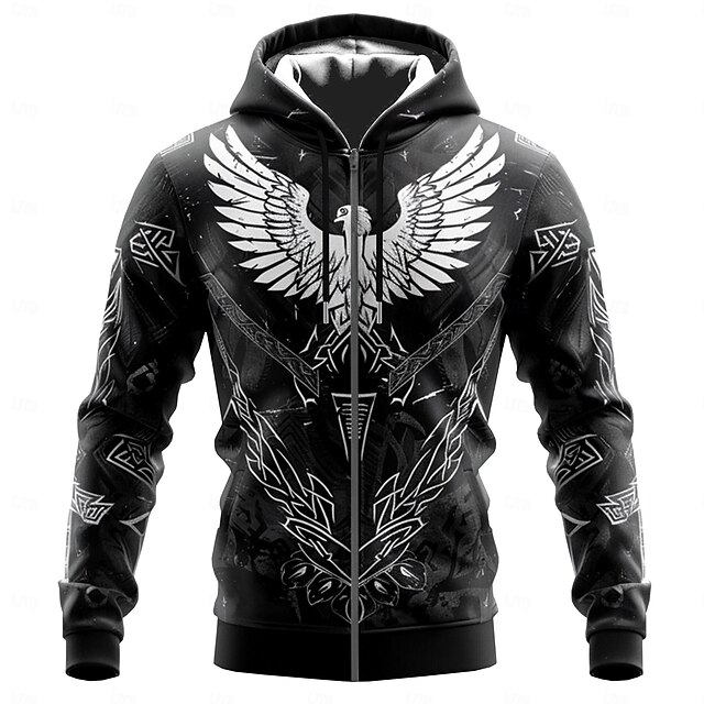 Men's Viking Warrior Viking Hoodies Fashion Cool Long Sleeve Hooded Vacation Going out Streetwear Black Drawstring Zipper Fall Winter Designer4
