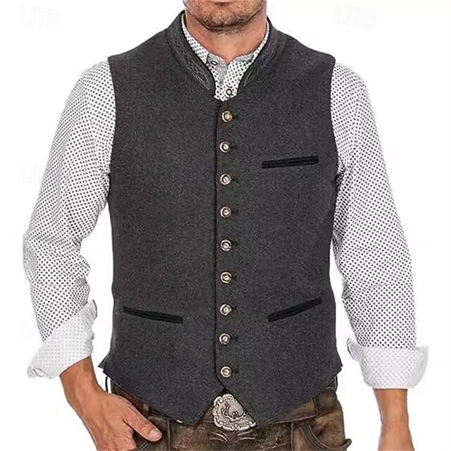 Men's Vest Gilet Daily Date Vacation Fashion Casual Spring &  Fall Buttons Pocket Polyester Comfortable Plain Single Breasted One-button Stand Collar Regular Fit Gray Vest2