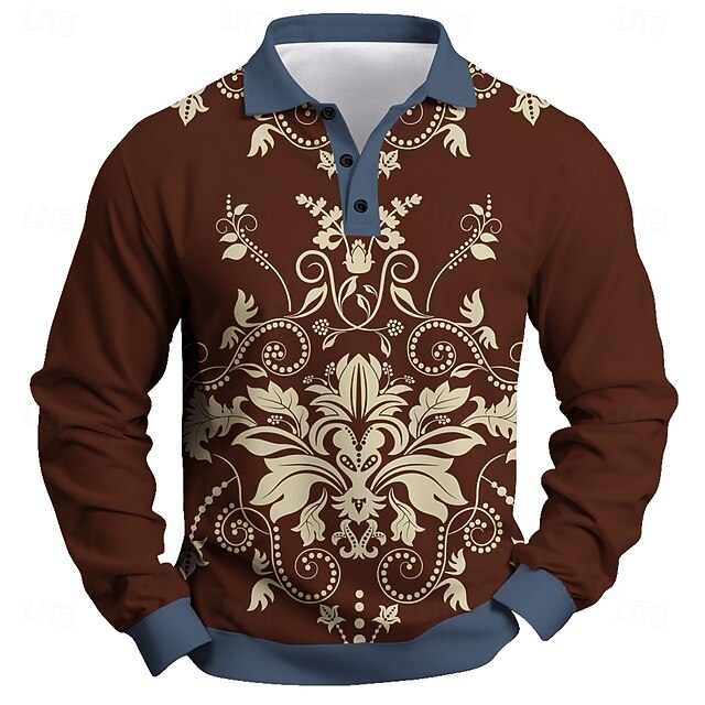 Men's Floral Polo Shirts Golf Shirt Long Sleeve Polo Shirts Collared Shirts Vintage Casual Festival Wear Party Outfits 3D Print Buttons Spring Fall Winter Maroon4