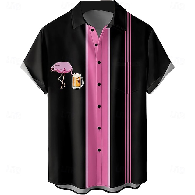  Per uomo Fenicottero Birra dell'Oktoberfest Camicia da bowling Camicia con bottoni Manica corta Hawaiano Informale Informale Athleisure Estate Primavera Collo ripiegabile Tasche Rosa
