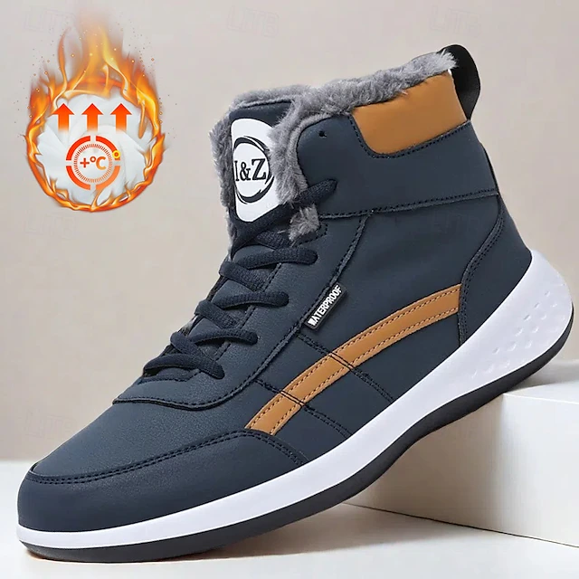 Men's Waterproof High-Top Sneakers with Warm Plush Lining – Stylish Outdoor Athletic Shoes with Yellow Accents and Durable Sole 32