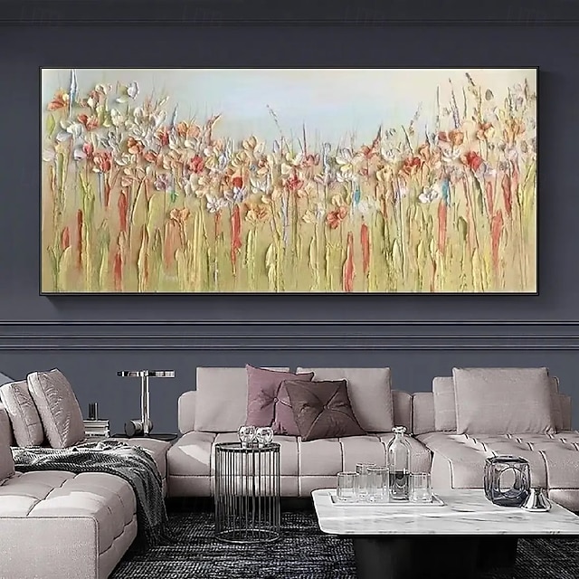  peinture à l'huile abstraite peinte à la main sur toile feuille d'or peinture à l'huile moderne champ de fleurs sauvages peint à la main peinture à l'huile paysage art mural peinture florale grand art