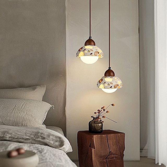  wabi-sabi terrazzo pendellampe rund halvkule sement massivt tre 1-lys pendel 85-265v