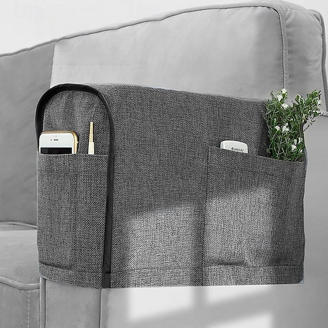 Recliner Narrow Linen Armrest Covers for Living Room Anti-Slip Sofa Arm Protector for Dogs, Cats, Pets Armchair Slipcover for Couch with 4 Pockets for TV Remote Control, Phone, Set of 2