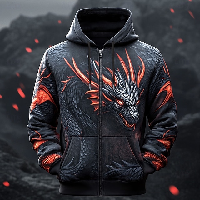  Homens Dragão Moletons Moletom Moletom com capuz Com Capuz Moda Impressão 3D Férias Para Noite Streetwear Preto Zíper Com Cordão Outono Inverno Designer