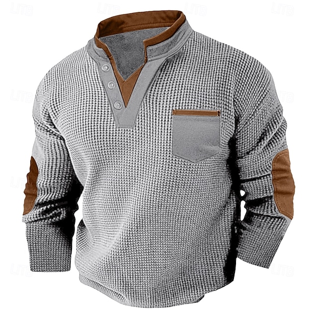 Men's Waffle Tee Waffle Henley Shirt Long Sleeve V Neck Spring & Fall Solid Color Fashion Basic Fake two piece Street Casual Sports Black White Burgundy Top Tee for Men 17