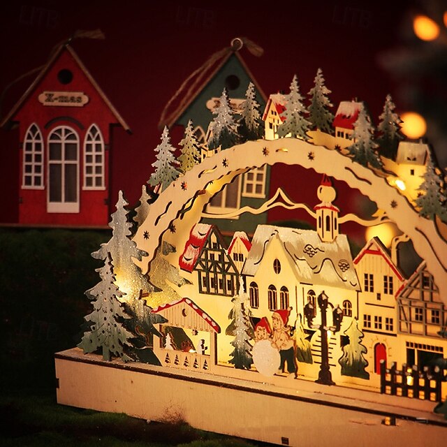 Wooden Christmas Village Decoration LED Creative Holiday Display Piece