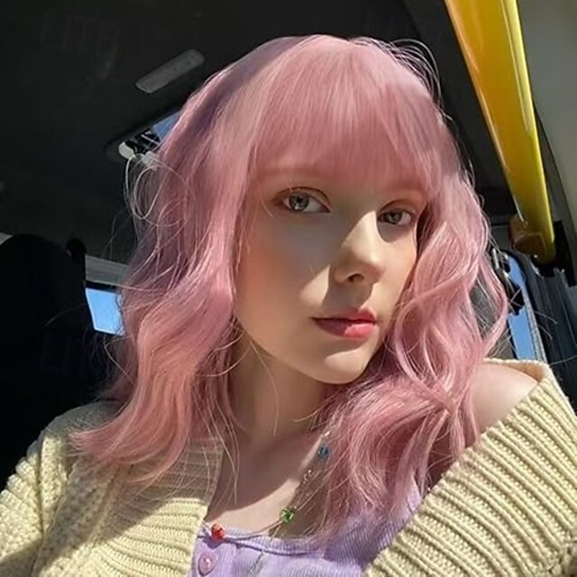  Pelucas bob onduladas cortas de 14 pulgadas para mujeres, peluca de longitud media de aspecto natural con flequillo, fibra resistente al calor para uso diario