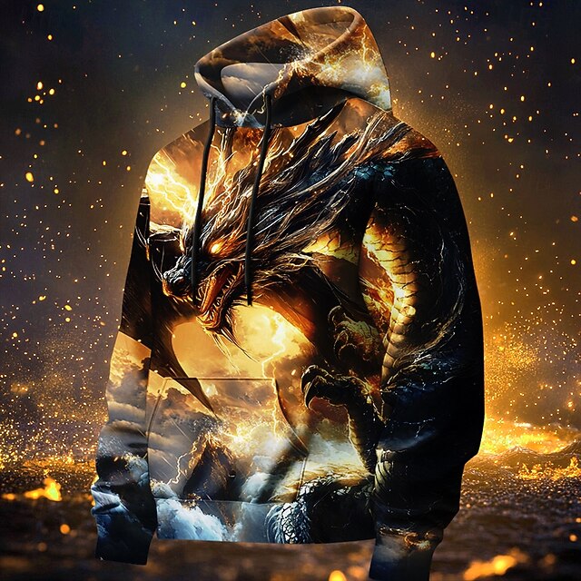 Men's Dragon Hoodies Sweatshirt Fashion Cool Long Sleeve Crew Neck Party Holiday Streetwear Yellow Drawstring Fall Winter Designer4