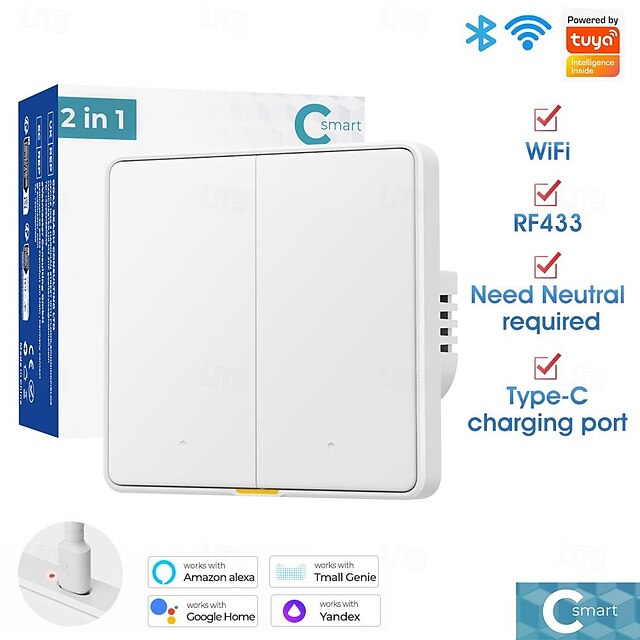  Tuya Smart Light Switch Have Type-C 1/2/3 Switch 2.4GHz Wi-Fi Light Switch Works with Alexa and Google Home