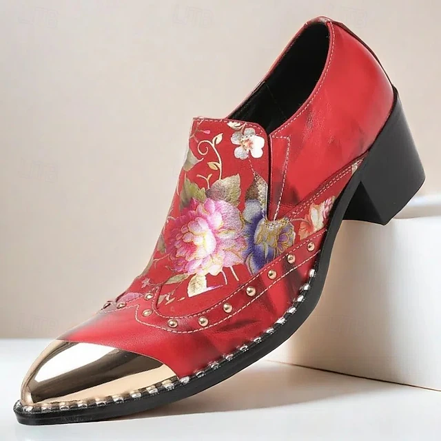Men's Bold and Stylish Red Leather Loafers with Floral Embroidery and Gold Toe Cap - Unique and Stylish for Weddings or Parties 10