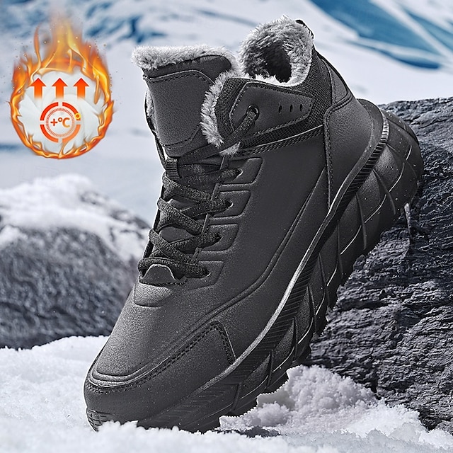  Botas de nieve de invierno negras para hombre: botas de senderismo impermeables, forradas con piel, con cordones y suela antideslizante para climas fríos