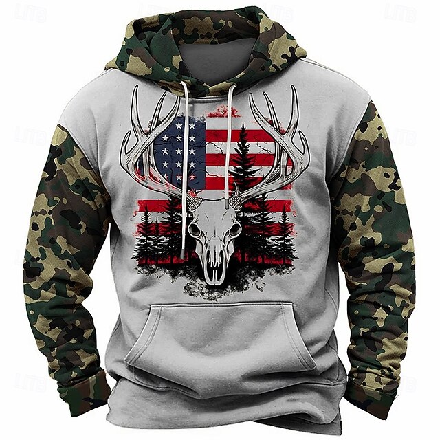 Men's American US Flag Skulls Hoodies Sweatshirt Daily Casual Long Sleeve Hooded Hunting Streetwear Gray Print Front Pocket Spring &  Fall Designer4