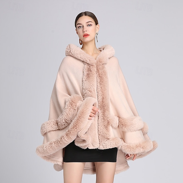  mulheres com capuz poncho capa xale de pele sintética envoltório com acabamento de pele cardigan sem mangas elegante capa moda tops casaco