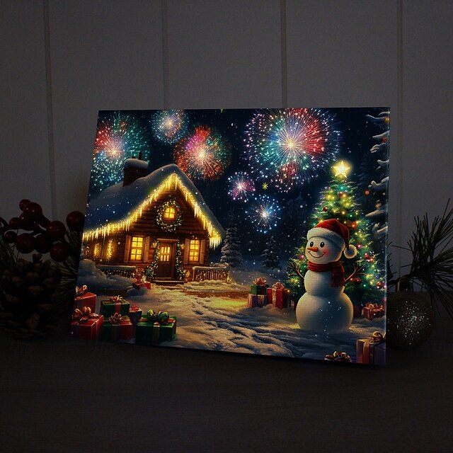 Christmas Snowman Christmas Tree LED Canvas Wall Art LED Lighted Up Wall Decor 2AA Battery Operated Lighted Canvas Print LED Light Kitchen Bedroom or Home Decor 6
