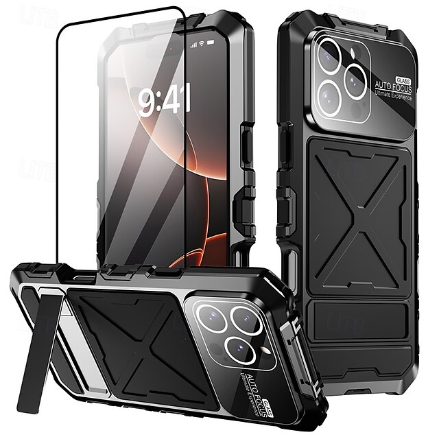  telefono Custodia Per iPhone 16 15 14 Pro Max Plus Copertura Posteriore con Supporto Resistente agli urti Retrò Metallo Silicone