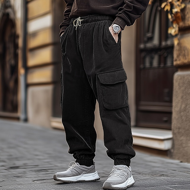  Homens Calças Cargo Calças de Veludo Calças Calça Jogger Com Cordão Cintura elástica Bolso multi Tecido Conforto Quente Comprimento total Ao ar livre Casual Diário Moda Roupa de rua Preto Azul