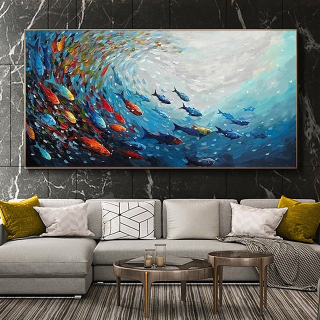  Pintura en lienzo de peces marinos azules abstractos hecha a mano, arte nórdico, grafiti, tamaño grande, decoración moderna para sala de estar, imagen sin marco
