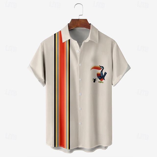 Men's Animal Bird Bowling Shirt Button Up Shirt Short Sleeve Hawaiian Sport Traveling Summer Turndown Button Up Khaki4