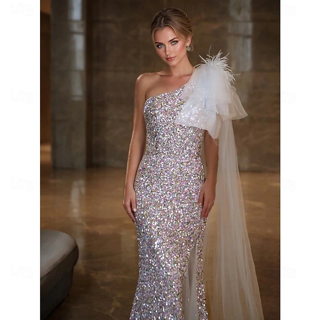 Mermaid / Trumpet Prom Dresses Elegant Dress Formal Wedding Sweep / Brush Train Sleeveless One Shoulder Tulle with Feather Glitter 5