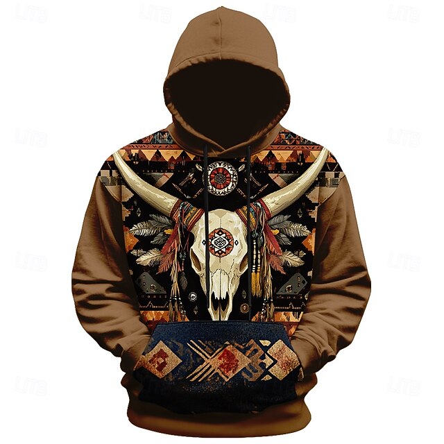 Men's Cow Skulls Hoodies Fashion Daily Long Sleeve Crew Neck Holiday Going out Streetwear Brown Drawstring Fall Winter Designer4