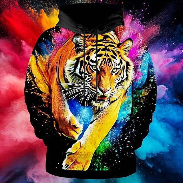 Homens Tigre Moletons Moletom Casacos Moletom com capuz Gola Redonda Moda Impressão 3D Festa Feriado Streetwear Preto Com Cordão Outono Inverno Designer