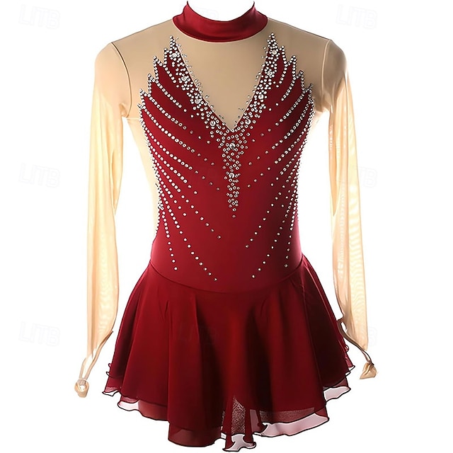  Rochie de Patinaj Artistic Pentru femei Fete Πατινάζ στο πάγο Rochii Negru Rosu Vișiniu Peteci Tiv Asimetric Plasă Înaltă Elasticitate Antrenament Competiție Ținută Patinaj Clasic Cristale / Strasuri