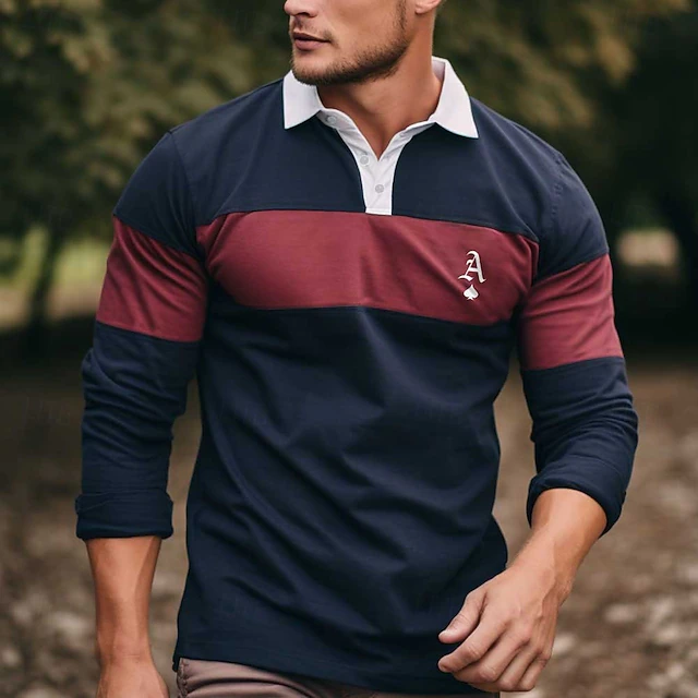 Men's Striped Rugby Polo Shirts Long Sleeve Polo Shirts Collared Shirts Business Casual Outdoor Dailywear Wear to work Buttons 3D Print Spring Fall Winter Ink Blue4