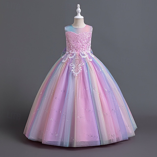 Blumenmädchenkleid Kinder Mädchen Prinzessinenkleid Leistung Hochzeit Party Elegant Schön Pailletten Gitter Regenbogen Ärmellos Rundhalsausschnitt Rosa Blau 4 Jahre +