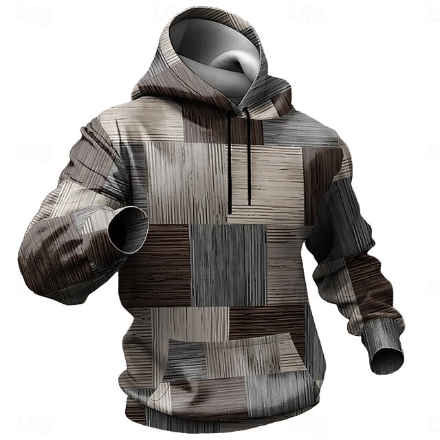 Men's Plaid Hoodies Sweatshirt Fashion Cool Long Sleeve Crew Neck Party Holiday Streetwear Gray Drawstring Fall Winter Designer4