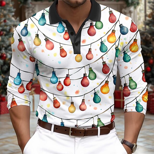Christmas Men's Golf Polos Shirts Long Sleeve Polo Shirts Collar Casual New Years Eve Shirts Festival Outfit Buttons 3D Print Spring Fall Winter White4
