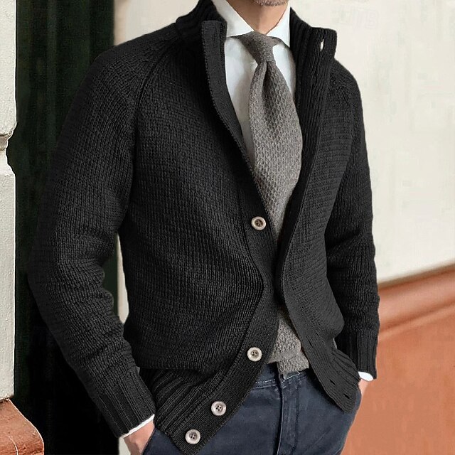  Herren Strickjacke Kurzer Pullover Gerippt Stricken Standard Knopf Feste Farbe Ständer Modisch Klassisch Urlaub Freizeitskleidung Bekleidung Herbst Winter Schwarz Kaki M L XL