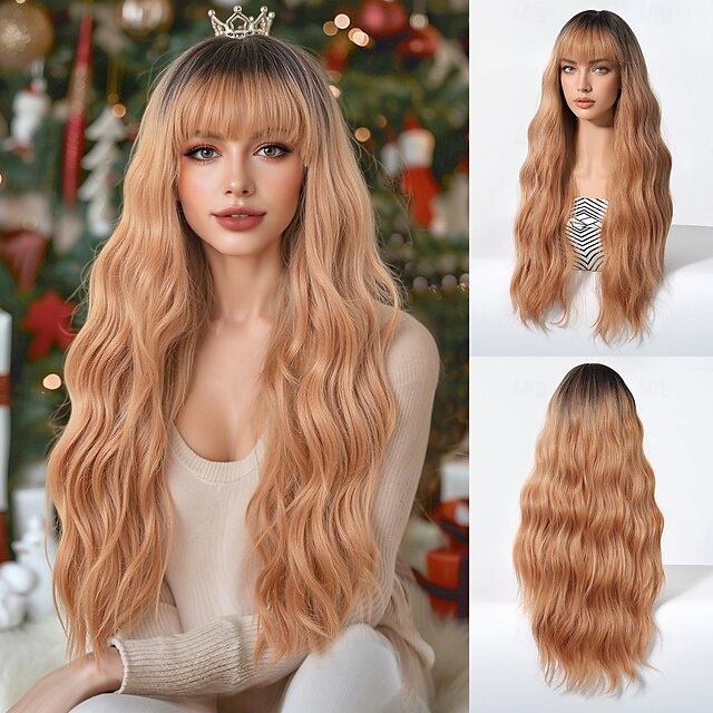 Perucas sintéticas Uniformes Trajes de carreira Princesa Encaracolado Ondulado Parte do meio Corte em Camadas Com Franjas Fabrico à Máquina Peruca 30 polegadas Castanho Escuro Cabelo Sintético