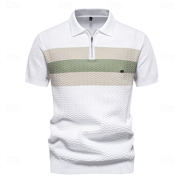  Per uomo Polo con zip Lavoro Affari Collo ripiegato Manica Corta Blocco di colori Cerniera Estate Primavera Autunno Bianco perla Nero Blu marino Polo con zip