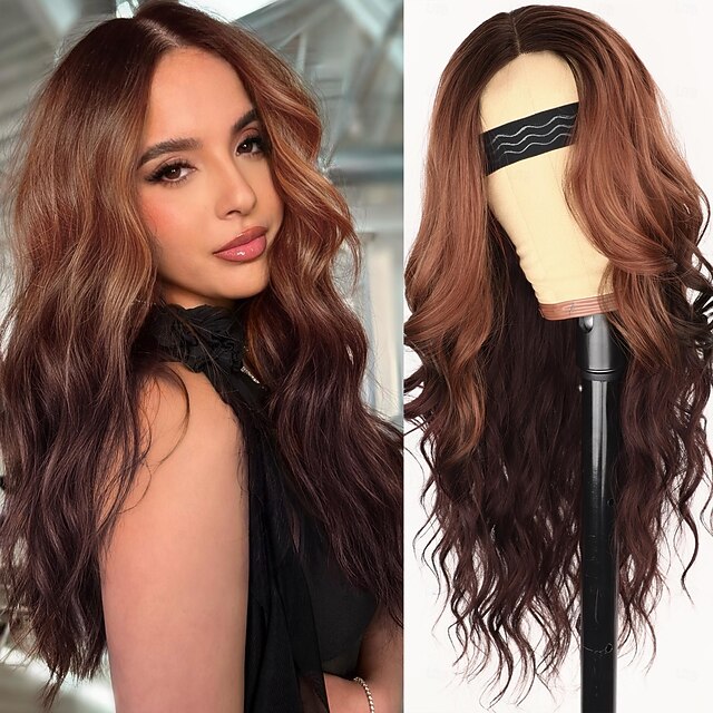 Brown Wig for Women Long Wavy Orange to Brown Wig Middle Part Synthetic Heat Resistant Wig for Daily Party3