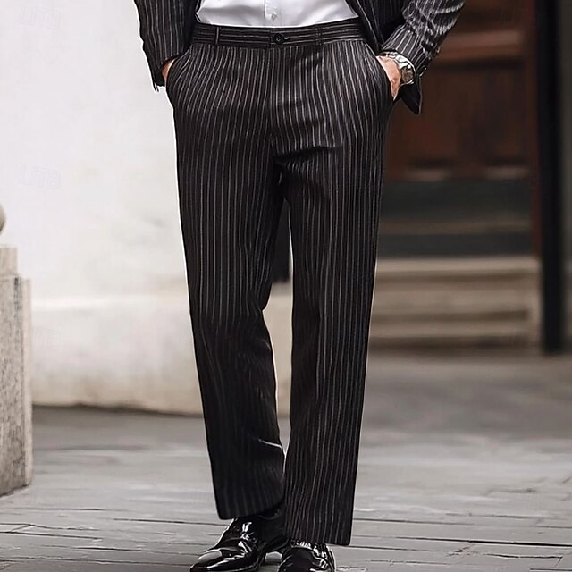 Men's Stripe Geometric Pattern Dress Pants Mid Waist Business Casual Formal Wedding Dailywear Zipper Pocket Straight Leg Trousers Summer Spring Fall 3D Print Black4