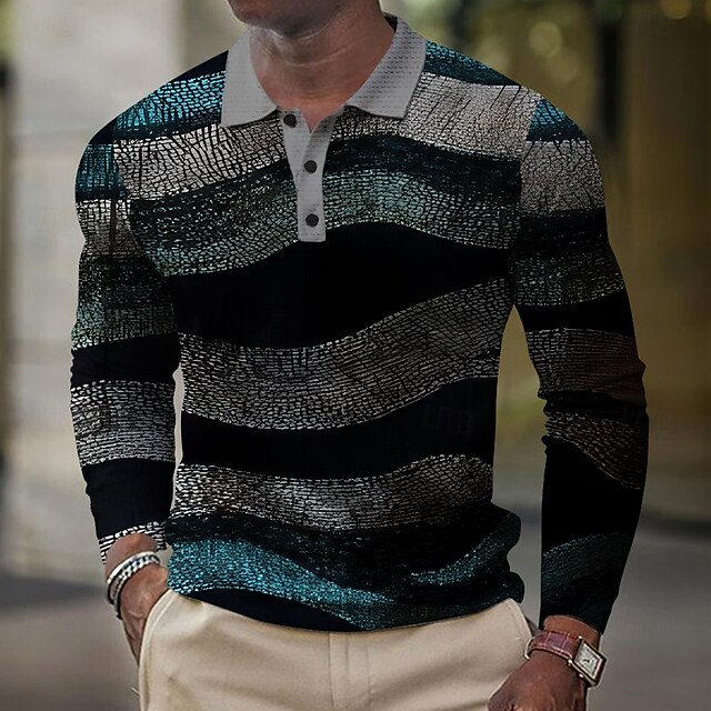 Men's Stripe Waffle Polo Shirts Golf Shirt Long Sleeve Polo Shirts Collared Shirts Business Casual Outdoor Office Dailywear Buttons 3D Print Spring Fall Winter Black4