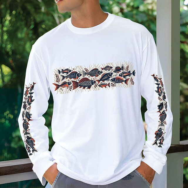 Men's Fish Maori T Shirt Long Sleeve T shirt 3D Print Crew Neck Shirt Vacation Tropical Daily Casual Hawaiian Holiday White Summer Spring Fall Clothing Apparel S M L XL XXL XXXL4