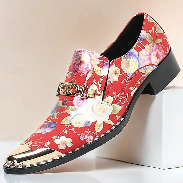 Men's Red Floral Leather Loafers with Metallic Cap Toe and Buckle Detail – Premium Cowhide Statement Shoes for Fashionable Outfits 11