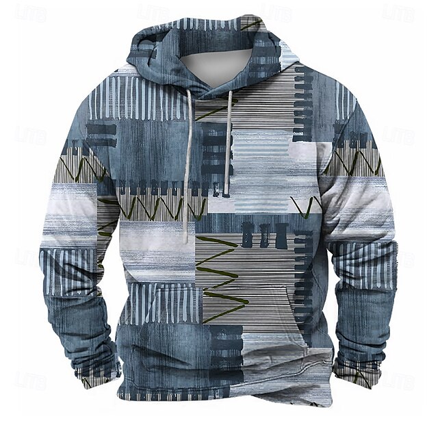  Homens Xadrez Moletons Moletom Casacos Moletom com capuz Gola Redonda Moda Impressão 3D Festa Feriado Streetwear Azul Com Cordão Outono Inverno Designer