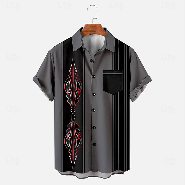 Men's Striped Curve Pinstripe Bowling Shirt Button Up Shirt Short Sleeve Vintage Fashion Casual Outdoor Vacation Daily Summer Turndown Button Up 3D Print Black4