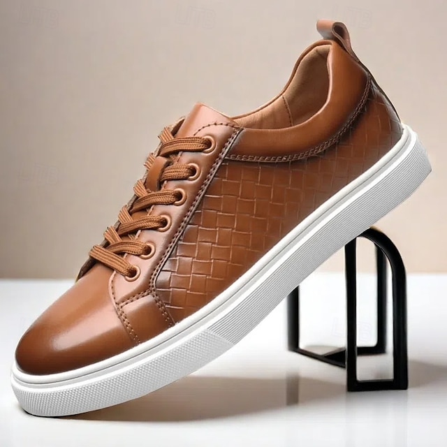  sneakers da uomo in similpelle intrecciata marrone - design casual con lacci e comoda suola bianca per l'uso quotidiano