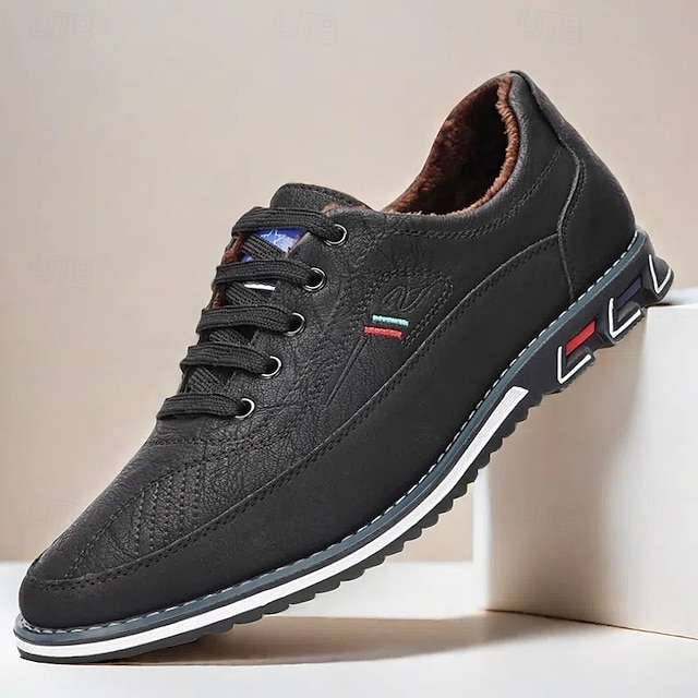  scarpe casual da uomo in similpelle nera con suola colorata e calda fodera in peluche: eleganti calzature con lacci per il comfort e la versatilità di tutti i giorni