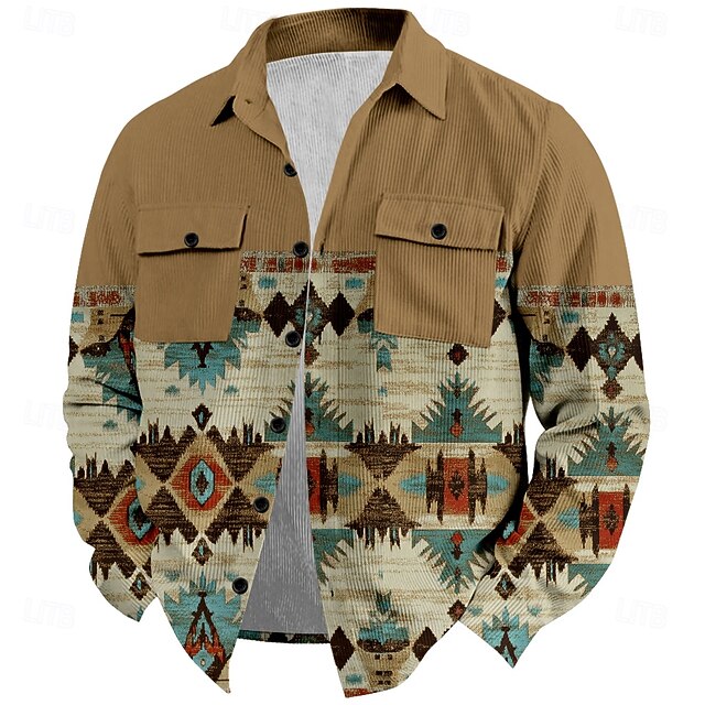 Men's Cowboy Corduroy Shirt Shirt Jacket Overshirt Long Sleeve Vintage Western Outdoor Street Dailywear Fall & Winter Turndown Collared Shirts 3D Print Buttons 2 Pockets 1pc Brown4