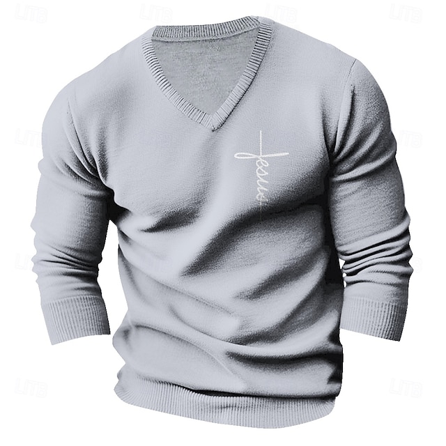  Per uomo Fede Pullover Maglione A V Informale Abiti da sera per feste Giornaliero Con ricami A maglia Caldo Manica lunga Autunno Inverno Vinaccia Nero Blu marino scuro