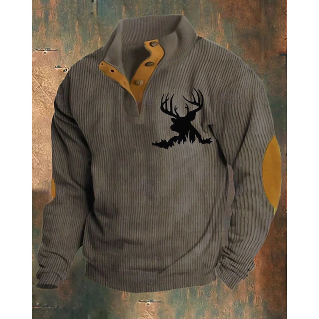 Men's Sweatshirt Black White Army Green Brown Khaki Standing Collar Color Block Reindeer Patchwork Sports & Outdoor Daily Holiday Polyester Corduroy Streetwear Basic Casual Spring & Fall Clothing 7